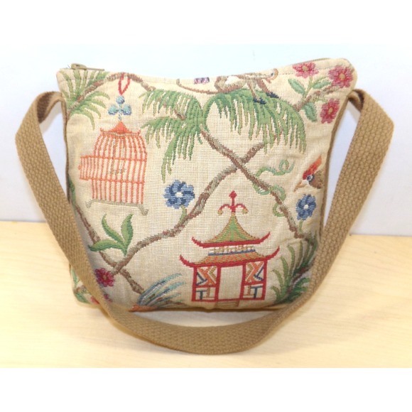 Doodle Bags Tapestry Purse Handbag Small Tan w/ Woven Strap Monkey Asian Pagoda - Picture 1 of 6